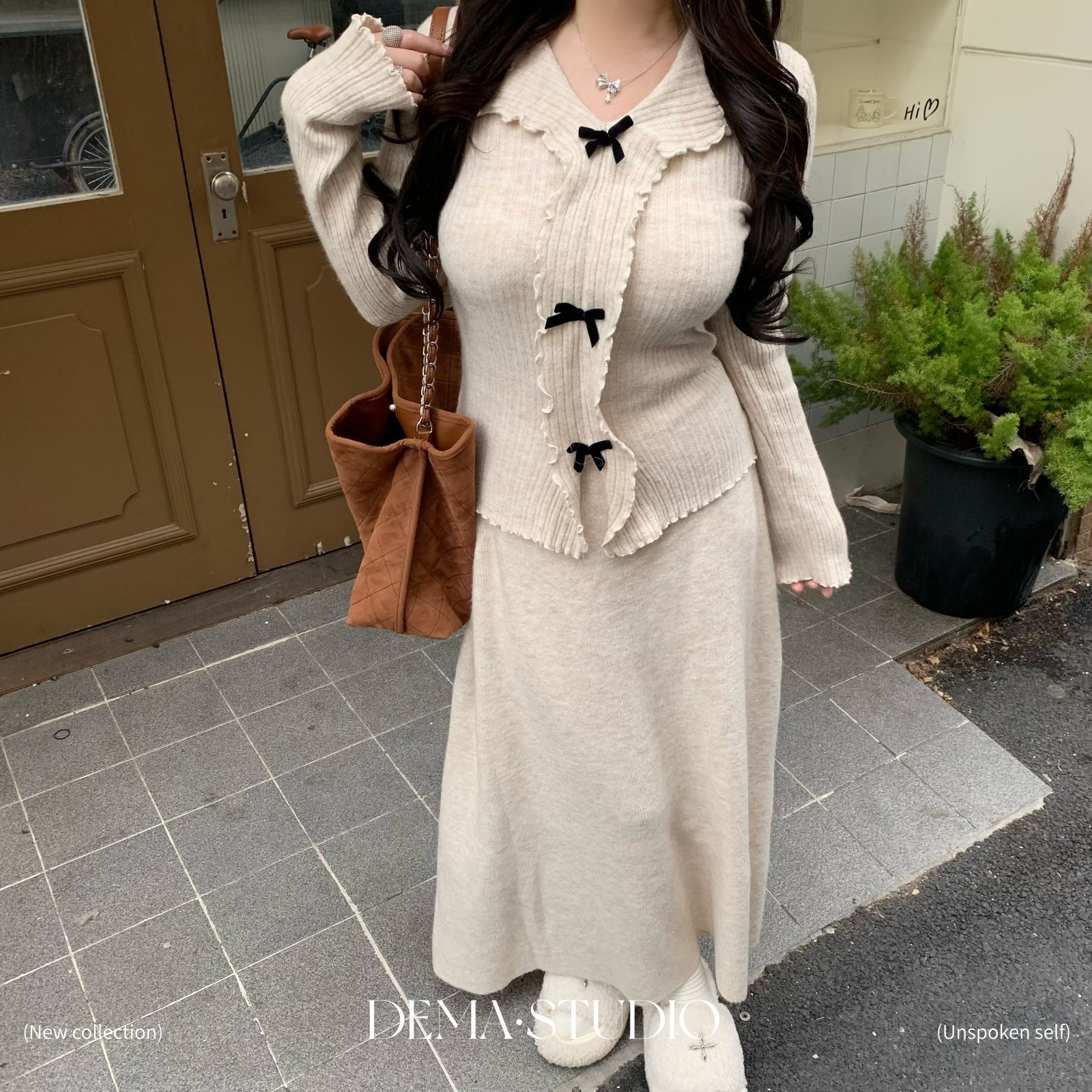 DEMA小德玛 韩系深灰毛衣针织衫半身裙女秋冬季大码微胖显瘦套装,淘宝优惠券,粉丝福利购,淘宝优惠卷