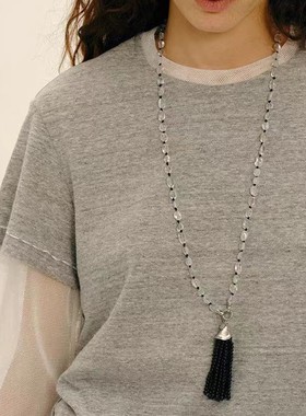 松果黑玛瑙石榴珍珠流苏长项链水晶串珠毛衣链轻奢小众设计感