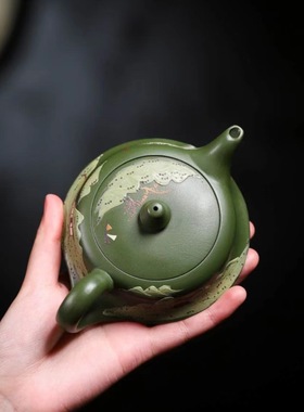 正宗宜兴紫砂壶原矿陈腐翡翠绿泥山水曲壶家用功夫泡茶壶茶具礼品