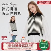 Girl Big Turnover Fake Two Shirts 2023 New Big Children Striped Knit Splicing Shirt Doll Blouse Blouse