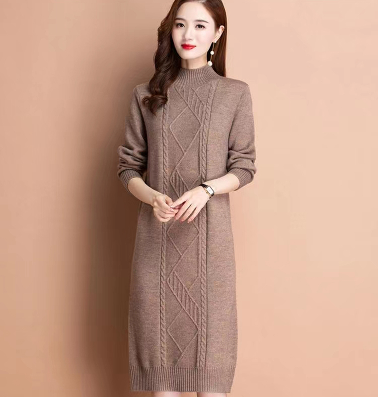 秋冬新款羊毛衫中长款毛衣女装过膝加厚宽松大码针织连衣裙打底衫 - 图0