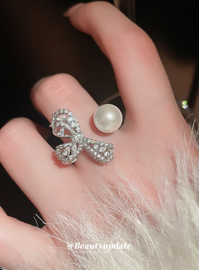 简约锆石蝴蝶结珍珠开口戒指简约设计食指戒时尚个性高级感手饰女