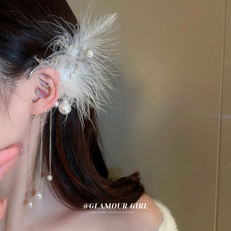 韩国小众设计羽毛珍珠流苏耳挂一对无耳洞耳骨夹耳环个性气质耳饰