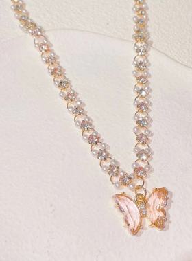 水晶粉色手工链条珠珠吊坠锁骨链 轻奢高质量短款优雅设计风项链