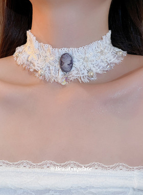 法式蕾丝镶钻珍珠颈链choker精致优雅名媛风锁骨链轻奢小众项饰女