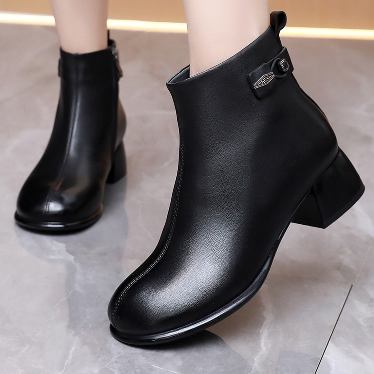 羊皮粗跟短靴女春秋单靴真皮中跟小皮靴软底棉皮鞋冬季加绒妈妈鞋,淘宝优惠券,粉丝福利购,淘宝优惠卷