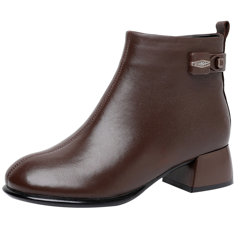 羊皮粗跟短靴女春秋单靴真皮中跟小皮靴软底棉皮鞋冬季加绒妈妈鞋,淘宝优惠券,粉丝福利购,淘宝优惠卷