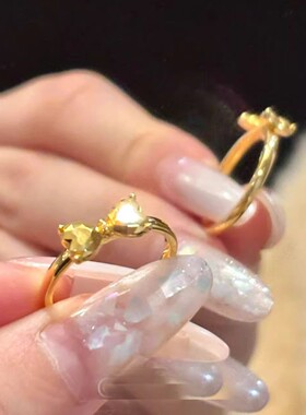 日系切割金色爱心蝴蝶结素圈戒指