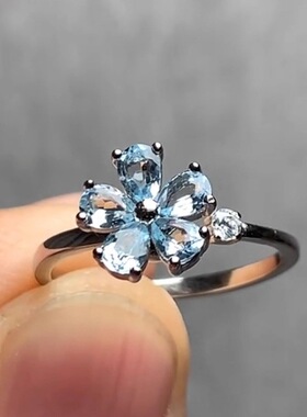 清冷感韩系蓝色花朵锆石戒指