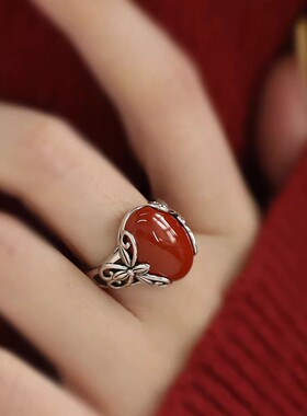 复古新中式蛋面蝴蝶开口戒