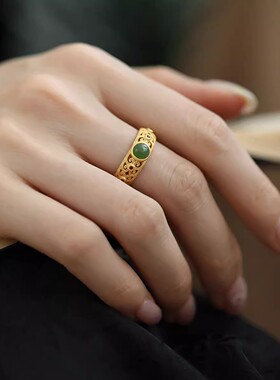 新中式花丝绿镂空开口戒指女