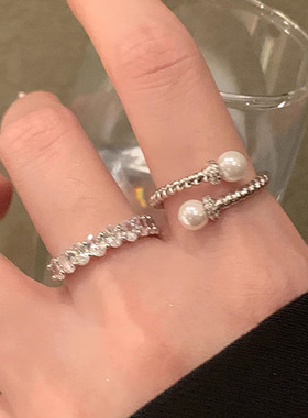 超精致银色时尚珍珠锆石戒指指环