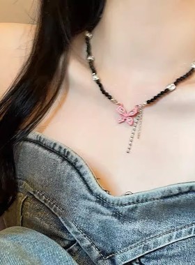 甜心芭比~粉色蝴蝶流苏项链配饰