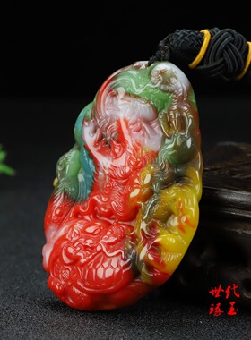 和田玉彩玉长寿龙龟手把件七彩玉双面雕刻龙行天下把玩件腰牌挂件