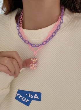 亚克力小熊项链双层叠戴锁骨链