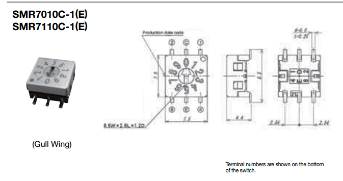 进口FUJISOKU SMR7010C-1E 0-9/10位旋转编码开关 贴片6脚7.5*7.5 - 图2