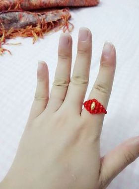红绳黄金珠戒指手工diy编织24K