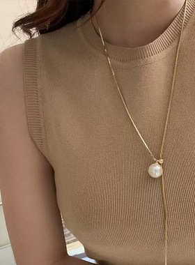 简约抽拉式珍珠长款毛衣链项链