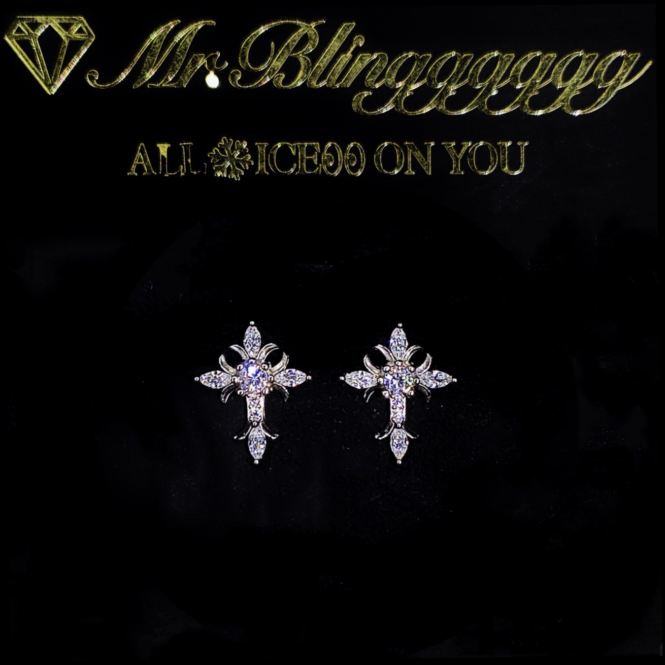 Mr.Blingggggg European and American hip-hop jewelry S925 silver vine cross couple olive-shaped diamond earrings