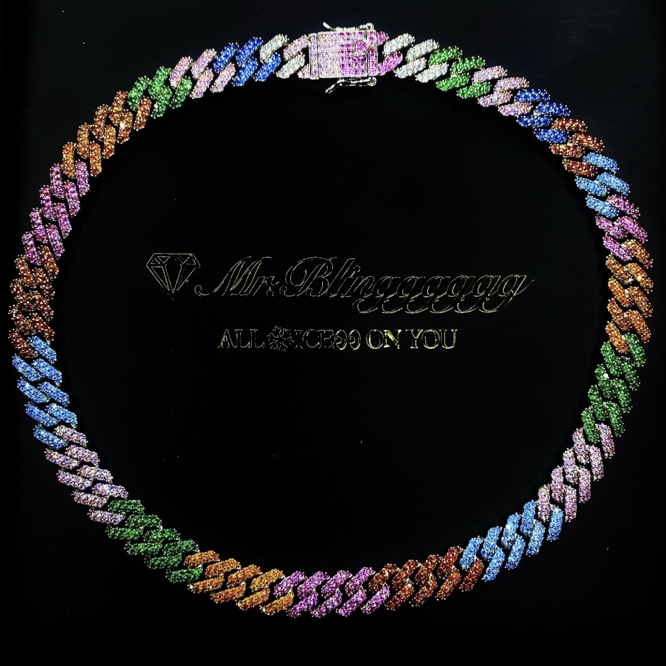 Mr.Blingggggg European and American hip-hop jewelry 12mm basic full diamond rainbow gradient rhombus Cuban necklace