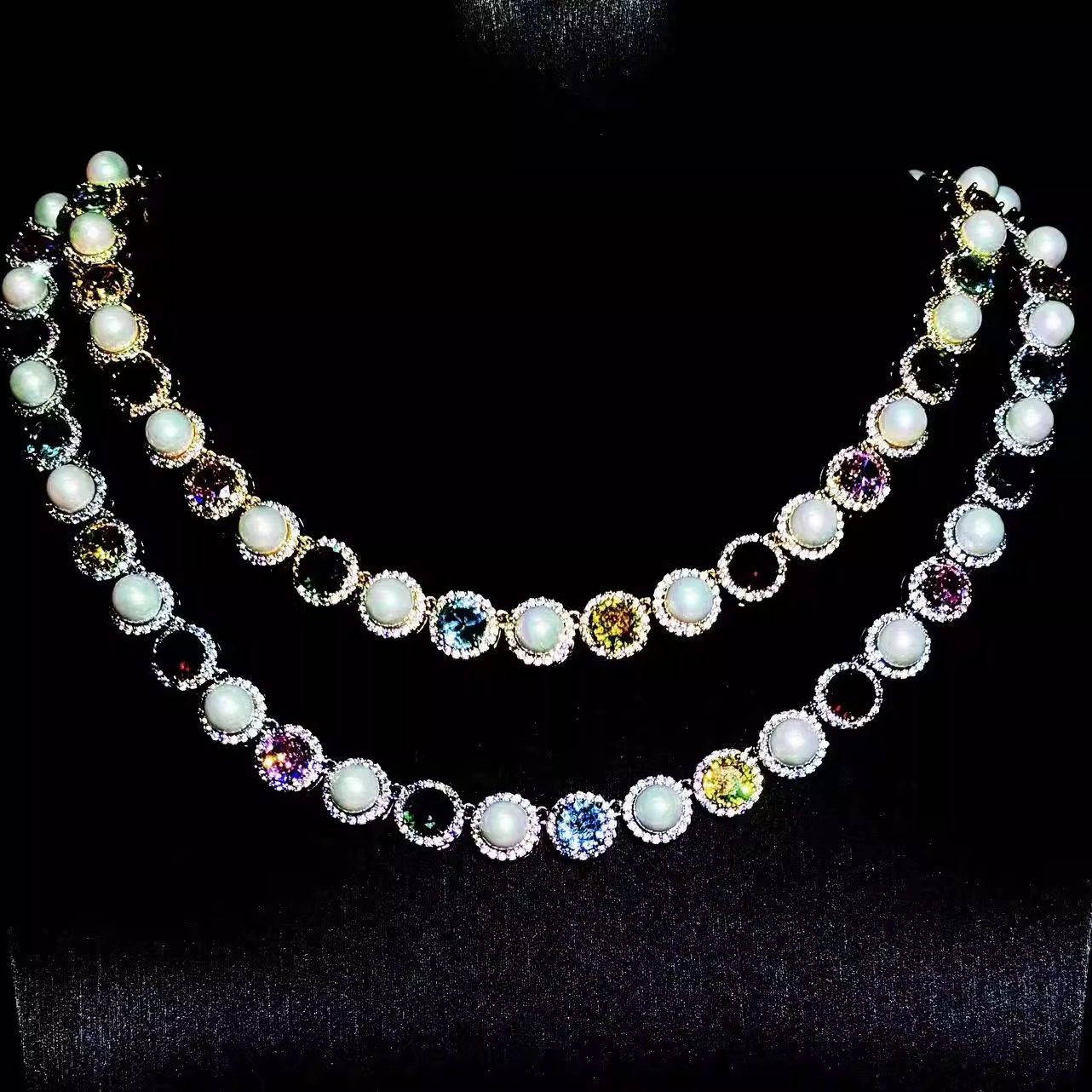 Mr.Blingggggg European and American hip-hop jewelry 8mm full diamond celebrity same style pearl colored gemstone necklace