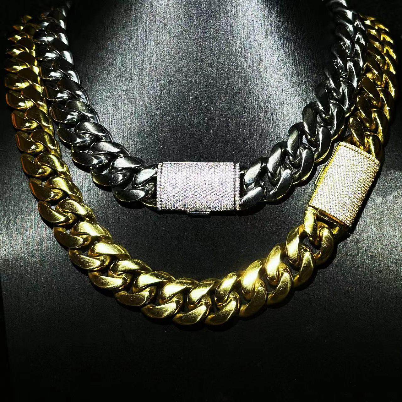 Mr.Blingggggg European and American hip-hop jewelry 18mm stainless steel non-fading diamond buckle no diamond Miami Cuban chain