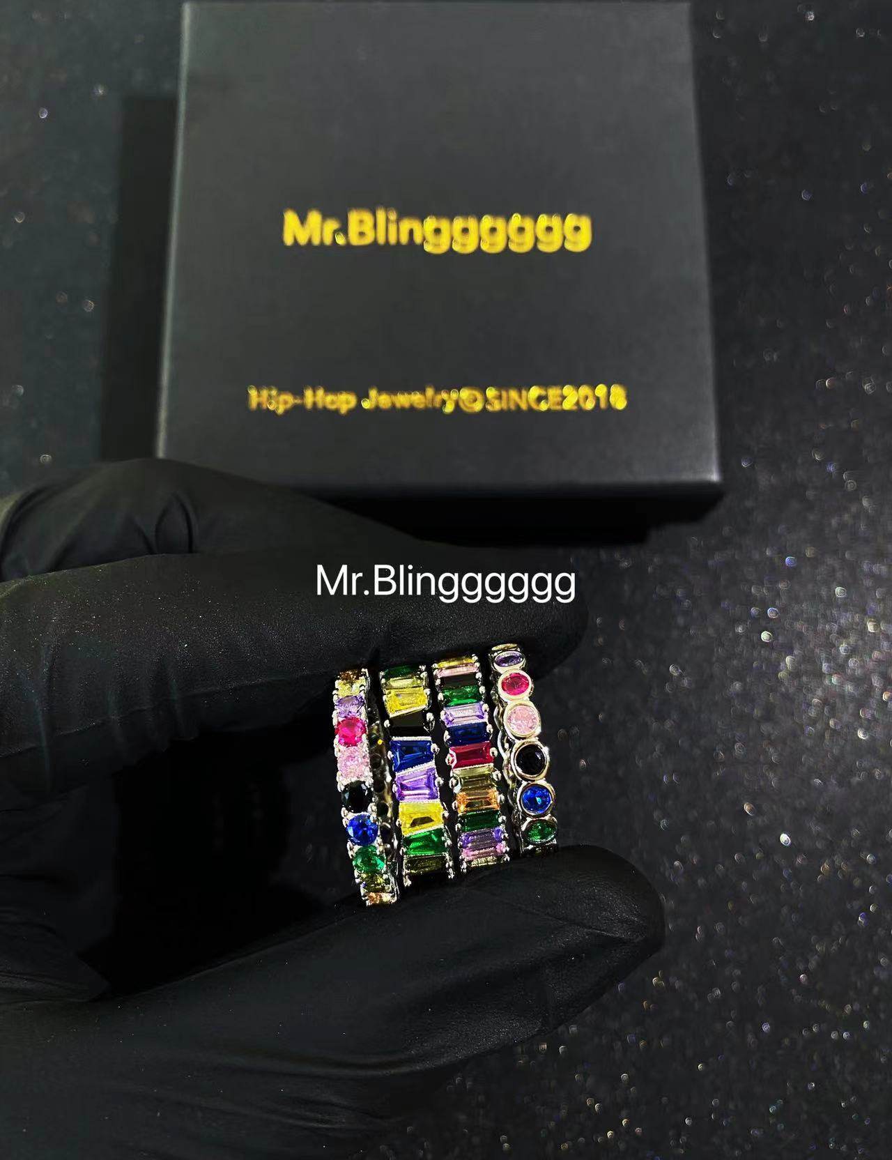 Mr.Blingggggg European and American hip-hop jewelry S925 silver full diamond rainbow square diamond single row diamond ring couple ring