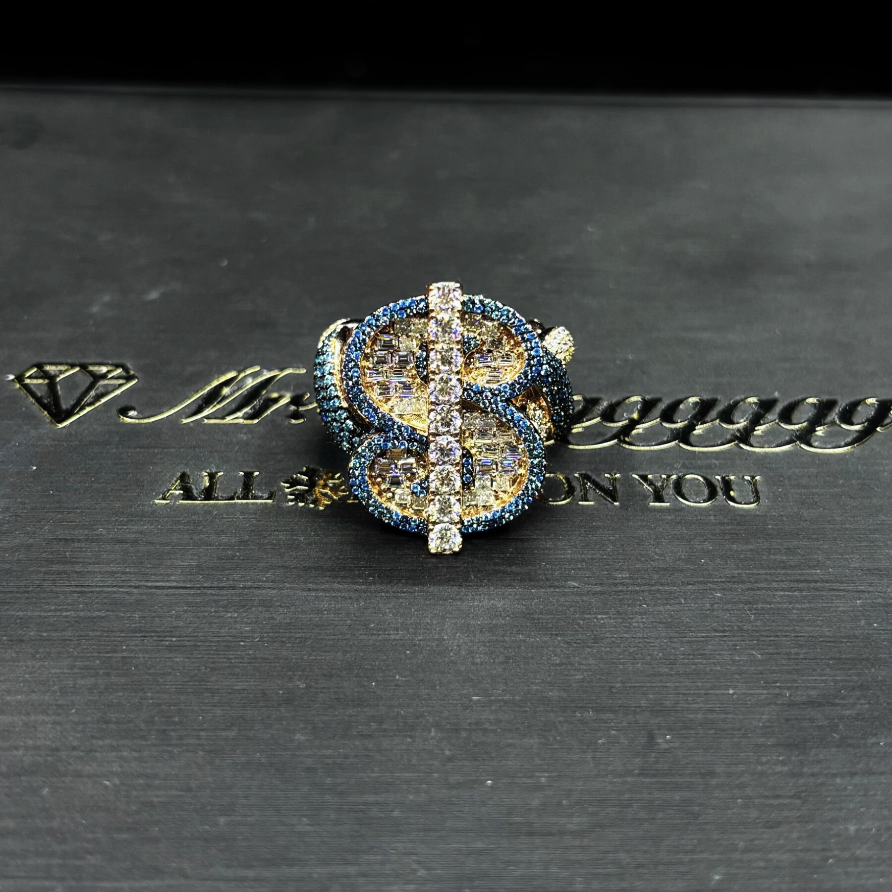 Mr.Blingggggg European and American hip-hop jewelry customized Young Dolph same style blue diamond and US gold ring