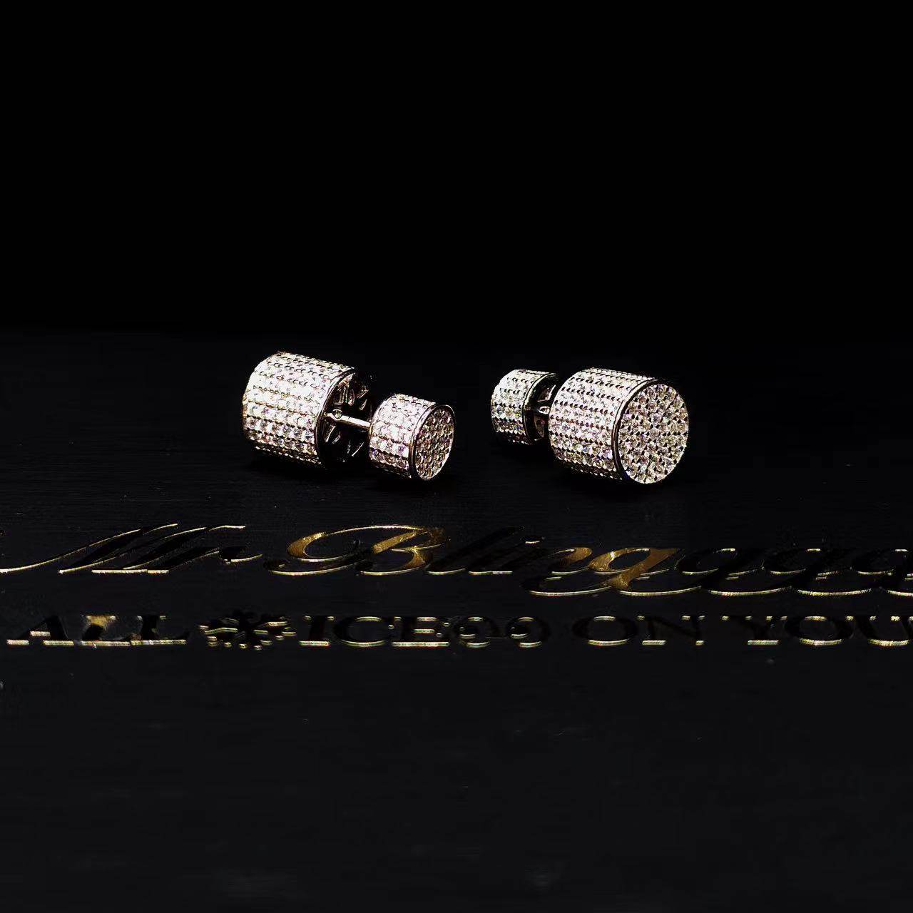 Mr.Blingggggg European and American hip-hop jewelry s925 silver double-sided full diamond cylinder personalized street earrings
