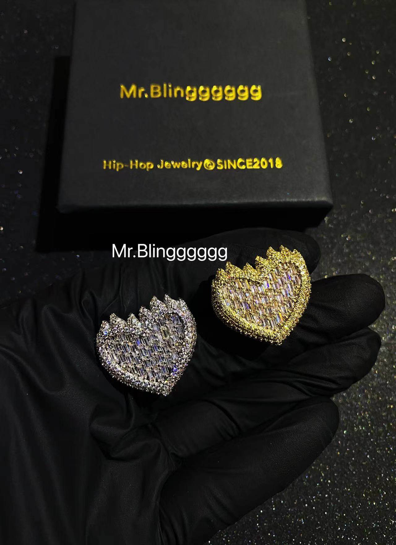 Mr.Blingggggg European and American hip-hop jewelry full diamond mixed inlaid flame love ring square diamond ring
