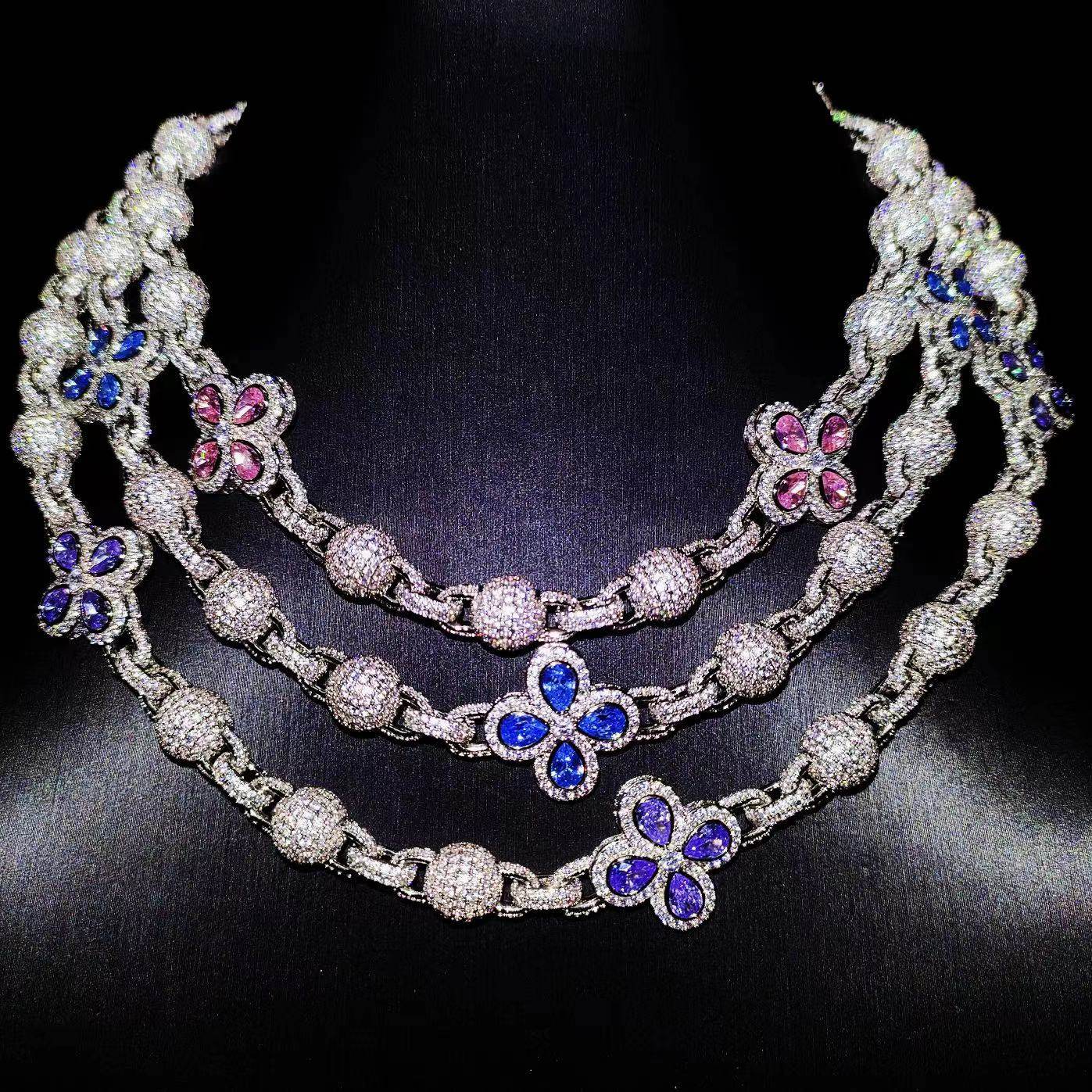 Mr.Blingggggg European and American hip-hop jewelry Offset's same style full diamond and pearl stitching flower trend necklace