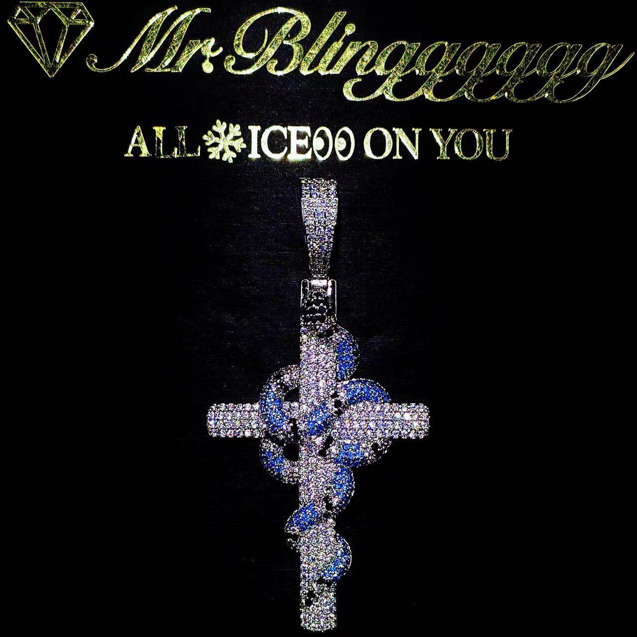 Mr.Blingggggg European and American hip-hop jewelry full diamond couple model sea blue snake cross solid pendant