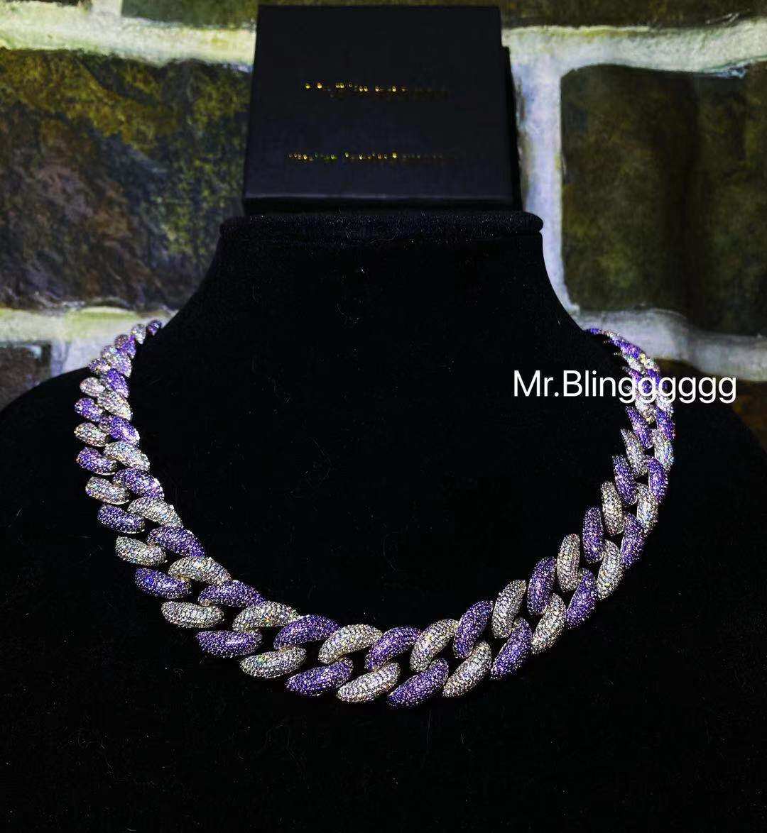 Mr.Blingggggg European and American hip-hop jewelry 18mm diamond-filled white and purple dense bubble Cuban rap necklace