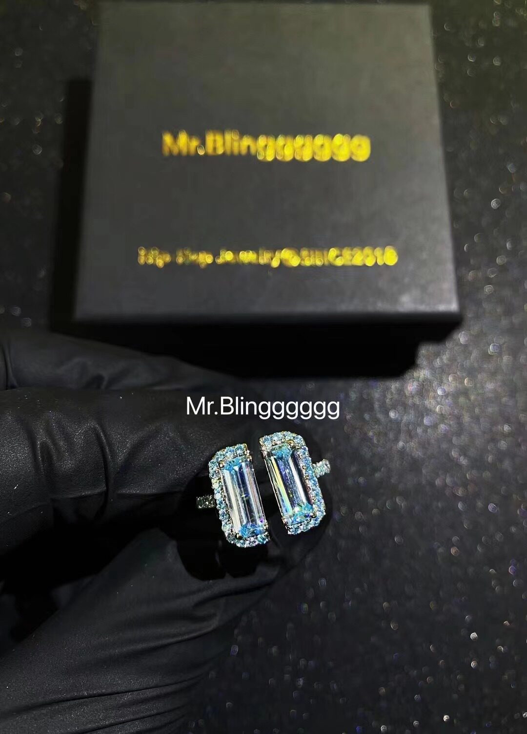 Mr.Blingggggg European and American hip-hop jewelry private custom open sea blue square diamond moissanite ring