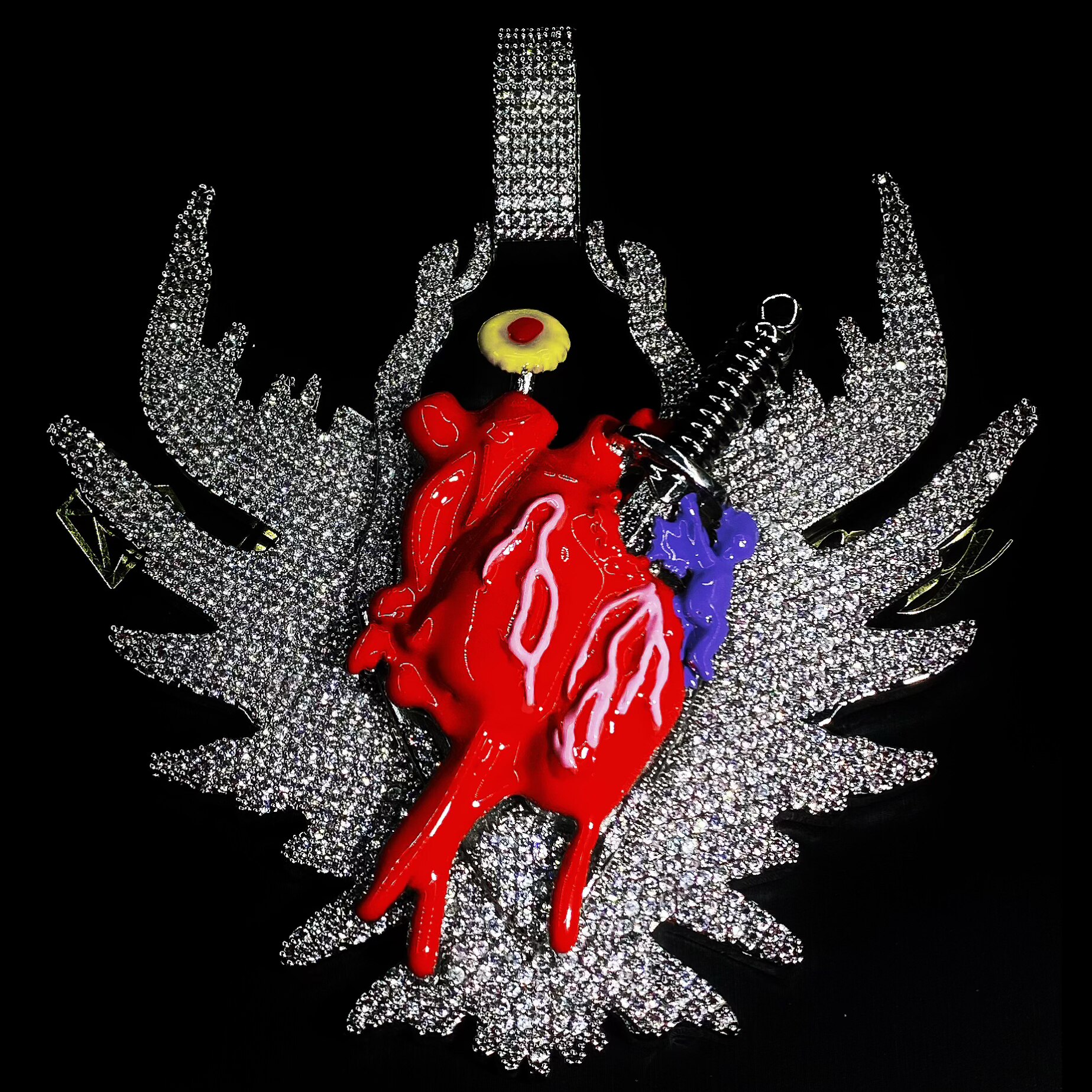 Mr.Blingggggg European and American hip-hop full diamond colorful enamel folded wing heart large size heart wing pendant