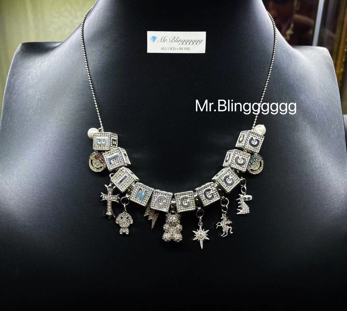 Mr.Blingggggg European and American hip-hop jewelry full diamond dice letter pendant multi-element custom mixed necklace