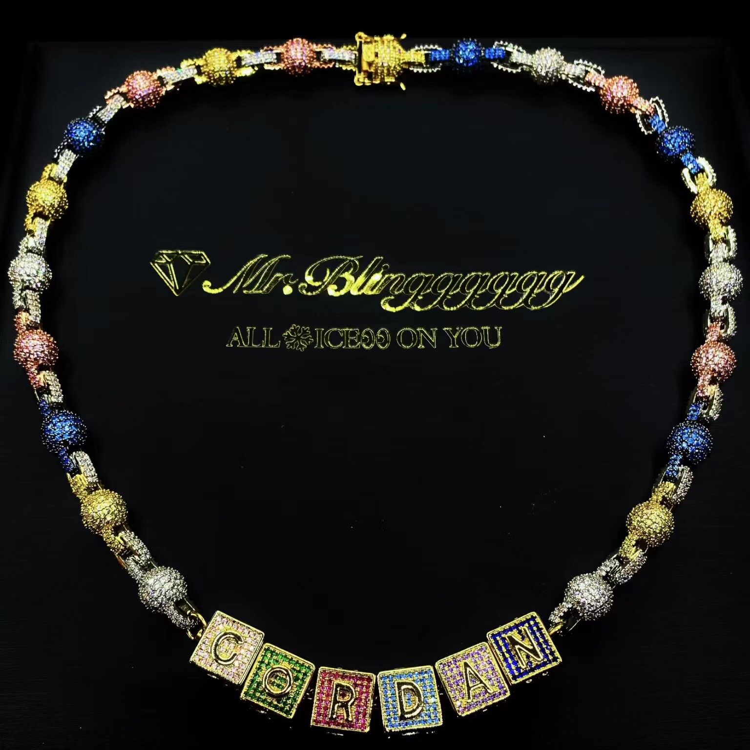 Mr.Blingggggg European and American hip-hop jewelry, customized colorful full-diamond pearl chain with dice letters