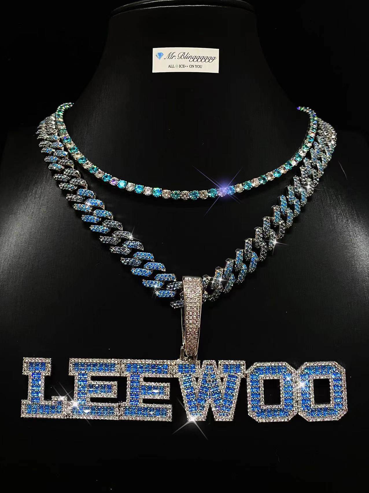 Mr.Blingggggg European and American hip-hop jewelry full diamond custom mixed inlaid sea blue square diamond letter pendant