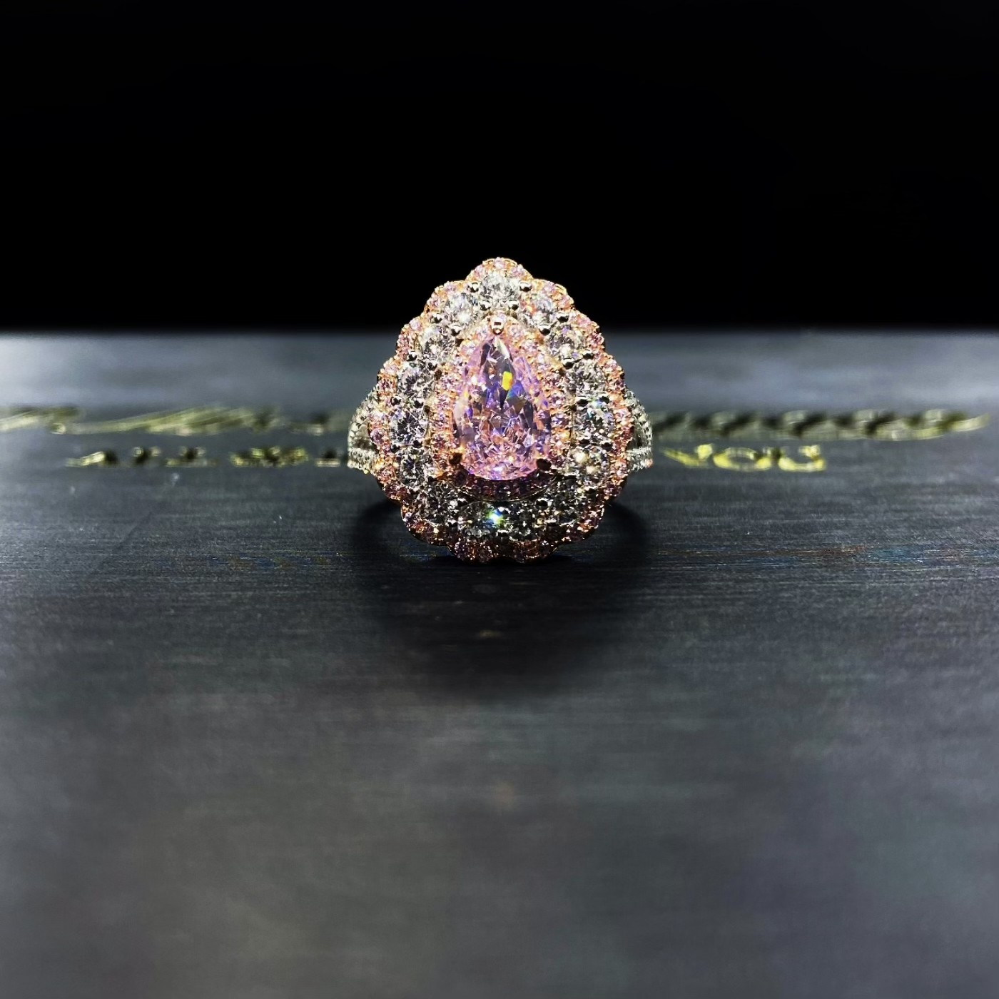 Mr.Blingggggg European and American hip-hop jewelry S925 sterling silver full diamond mixed inlaid pink water drop diamond ring