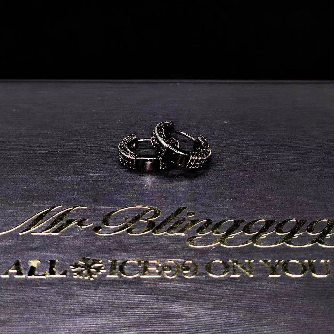 Mr.Blingggggg European and American hip-hop jewelry S925 sterling silver black side full diamond earrings rap earrings