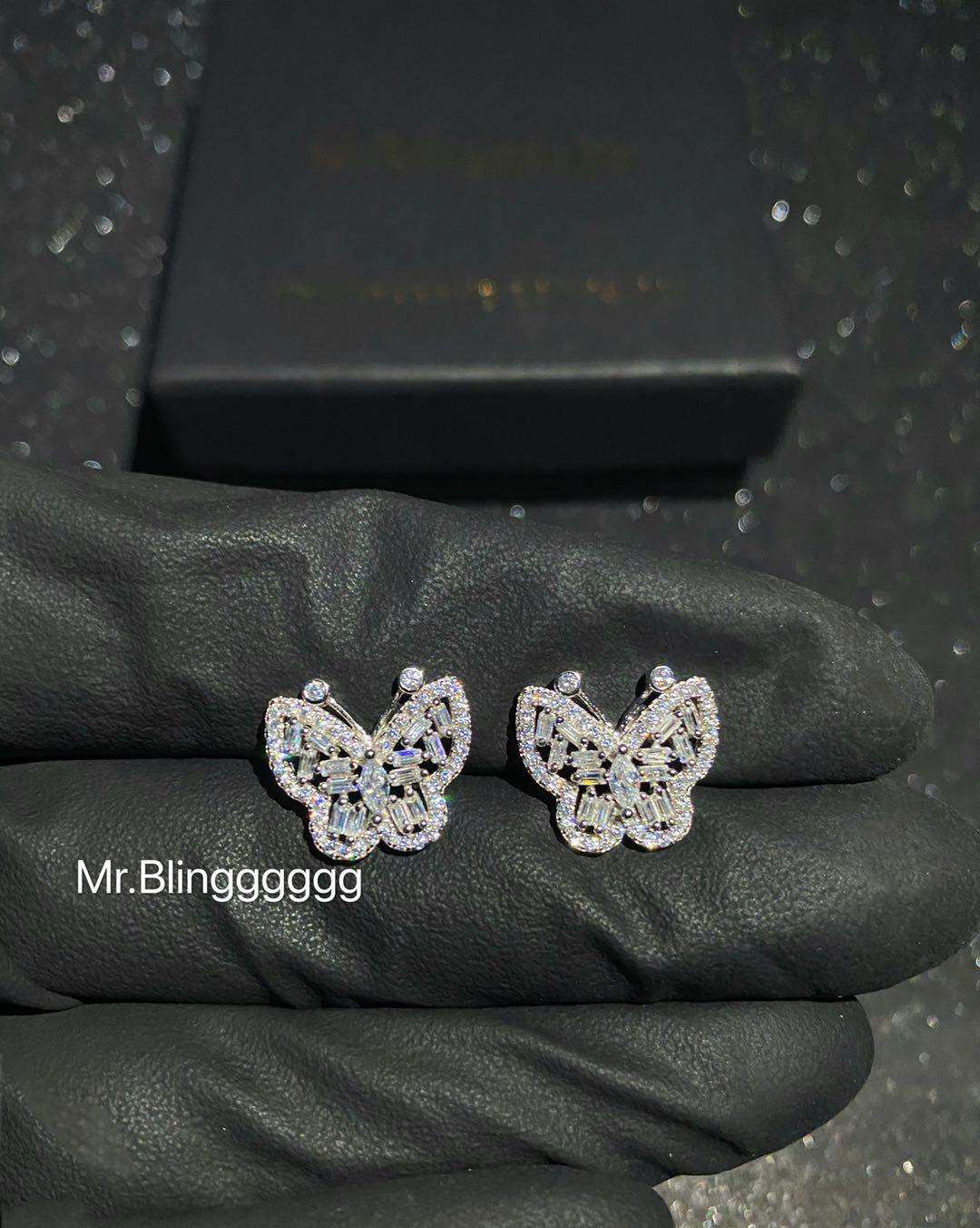 Mr.Blingggggg European and American hip-hop jewelry S925 sterling silver mixed inlaid with diamond butterfly butterfly earrings for men and women