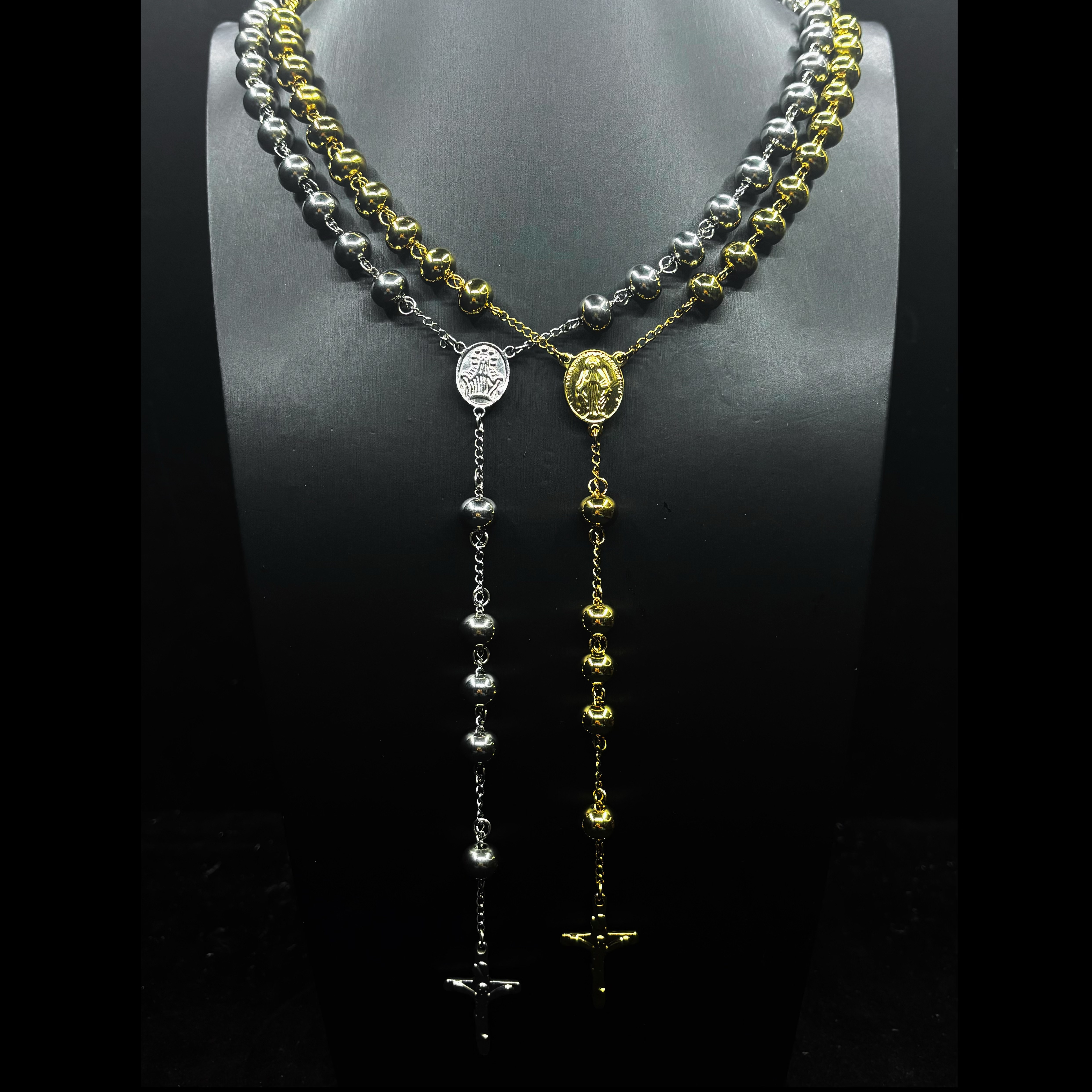 Mr.Blingggggg European and American hip-hop jewelry 10mm non-fading solid ball beads rosary cross necklace