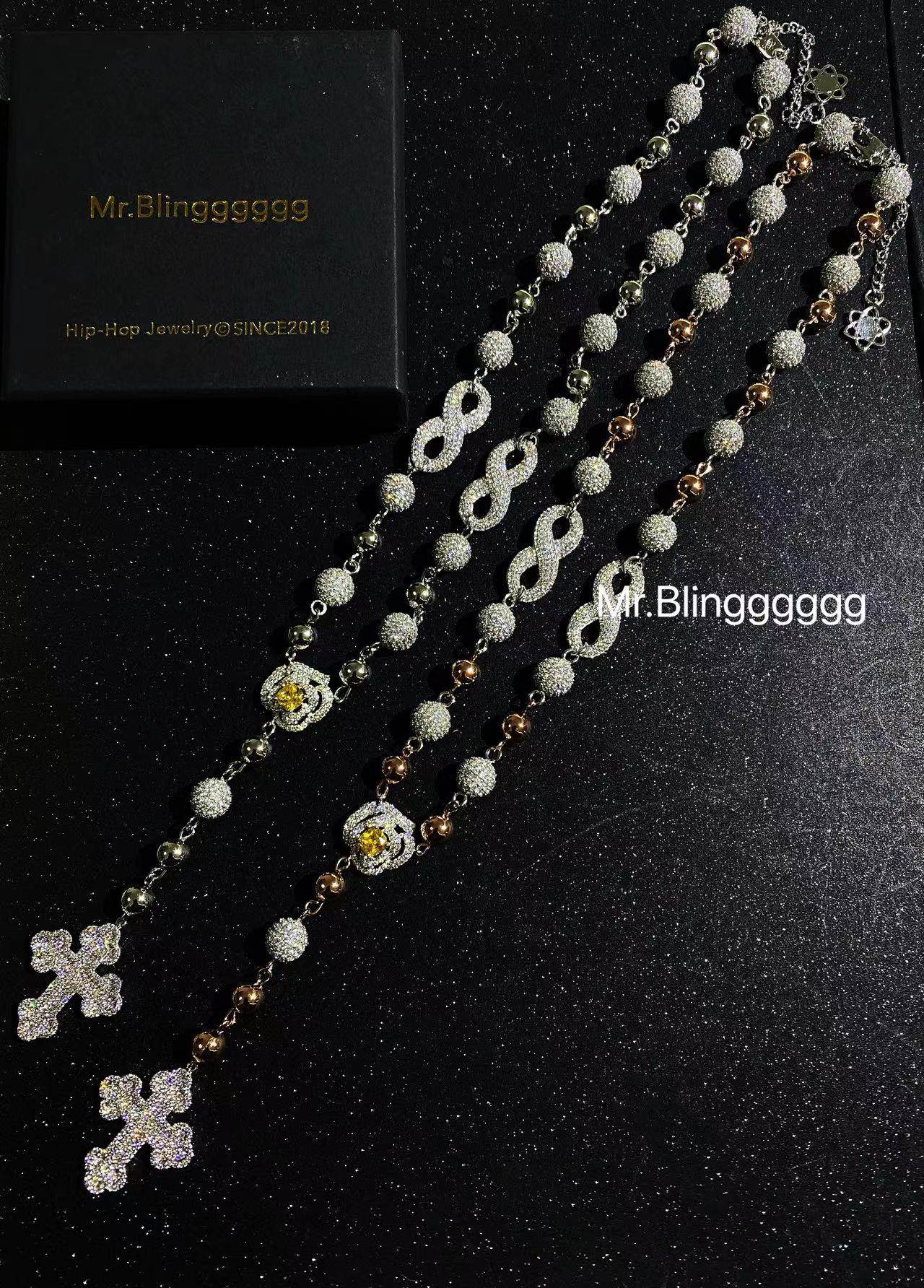 Mr.Blingggggg European and American hip-hop jewelry private custom full diamond yellow diamond rose cross pearl necklace