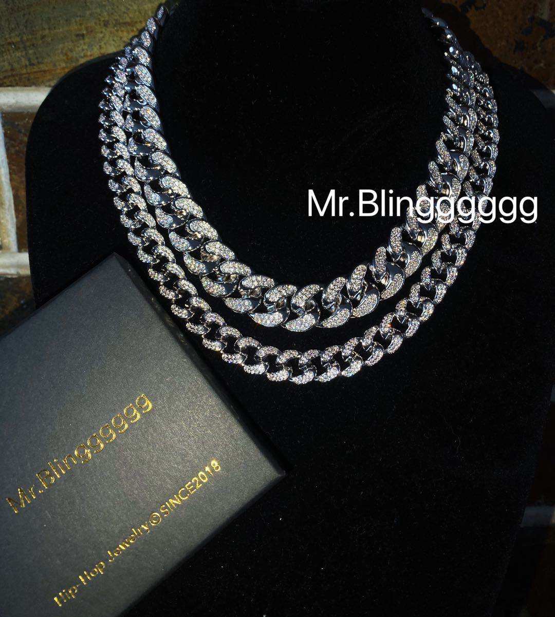 Mr.Blingggggg European and American hip-hop jewelry 12MM18MM full diamond basic full diamond Cuban necklace bracelet