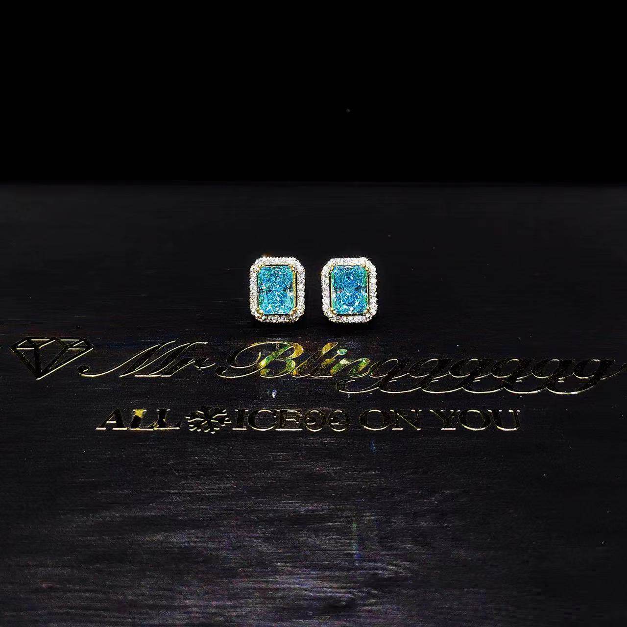 Mr.Blingggggg European and American hip-hop jewelry S925 silver full diamond ice flower cut aquamarine gold couple earrings