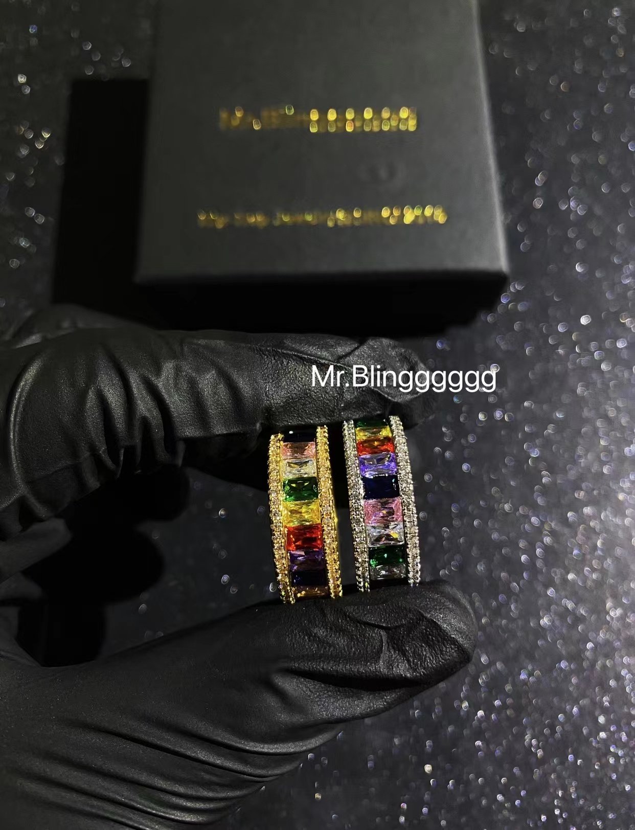 Mr.Blingggggg European and American hip-hop jewelry full diamond mixed inlay rainbow square diamond ring super flash T diamond ring