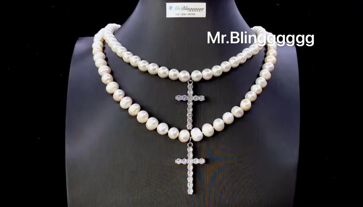 Mr.Blingggggg European and American hip-hop jewelry, same style non-fading pearl cross necklace, hip-hop pearls
