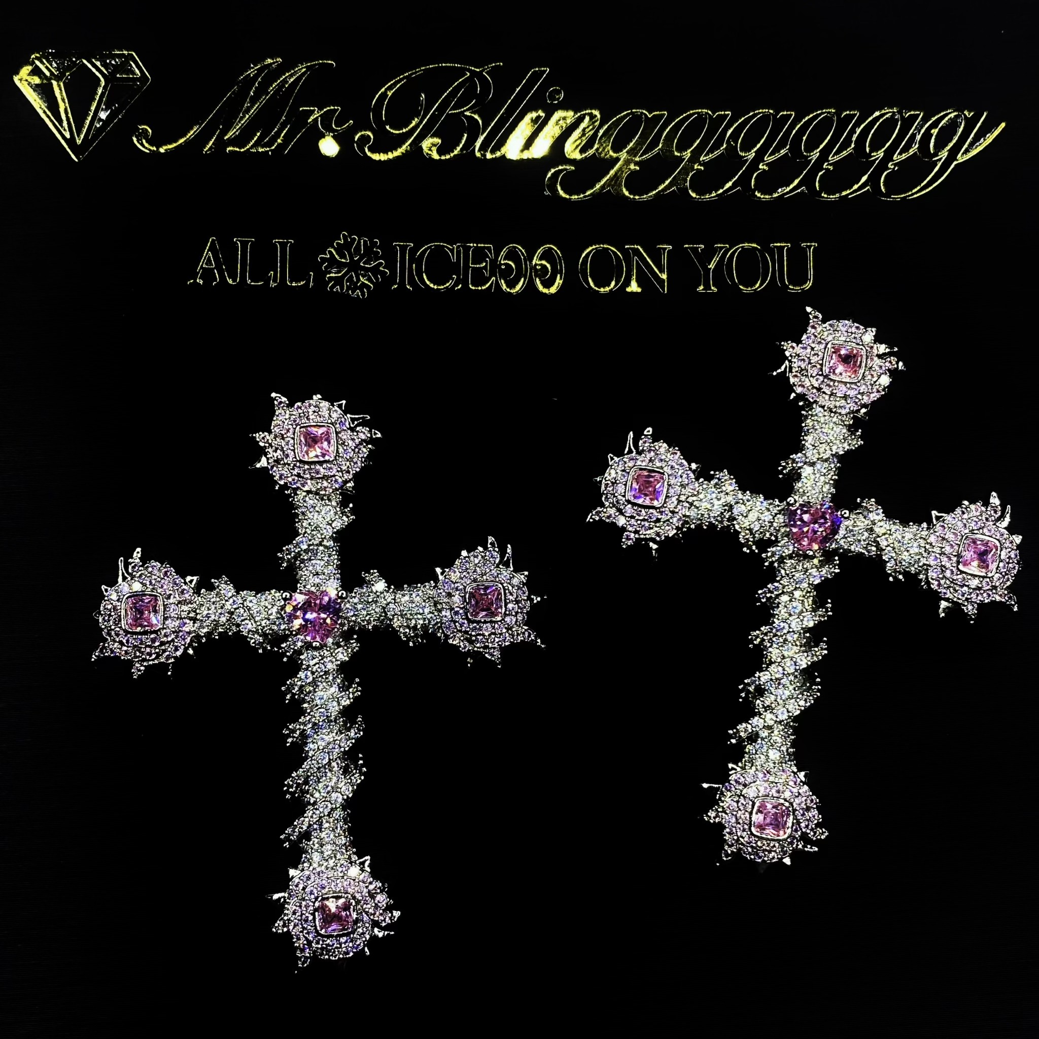 Mr.Blingggggg European and American hip-hop jewelry couple's mixed pink square diamond love diamond cross pendant