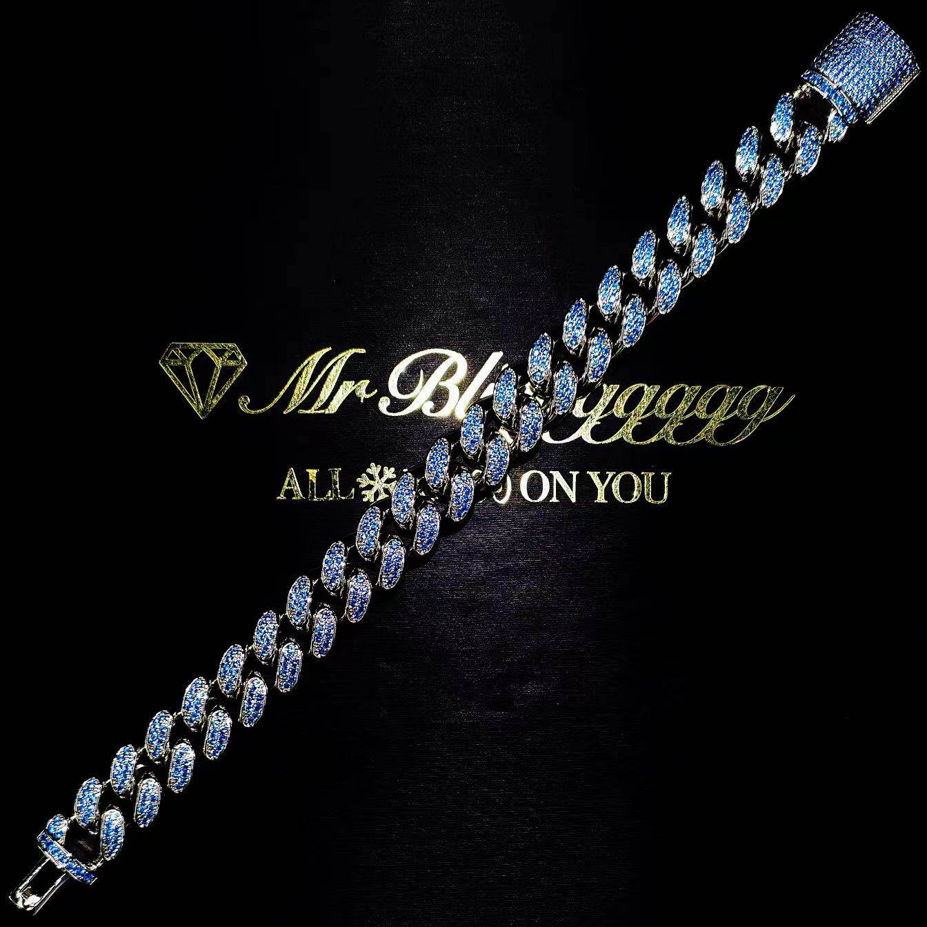 Mr.Blingggggg European and American hip-hop jewelry 12mm basic model customized navy blue full diamond Cuban bracelet