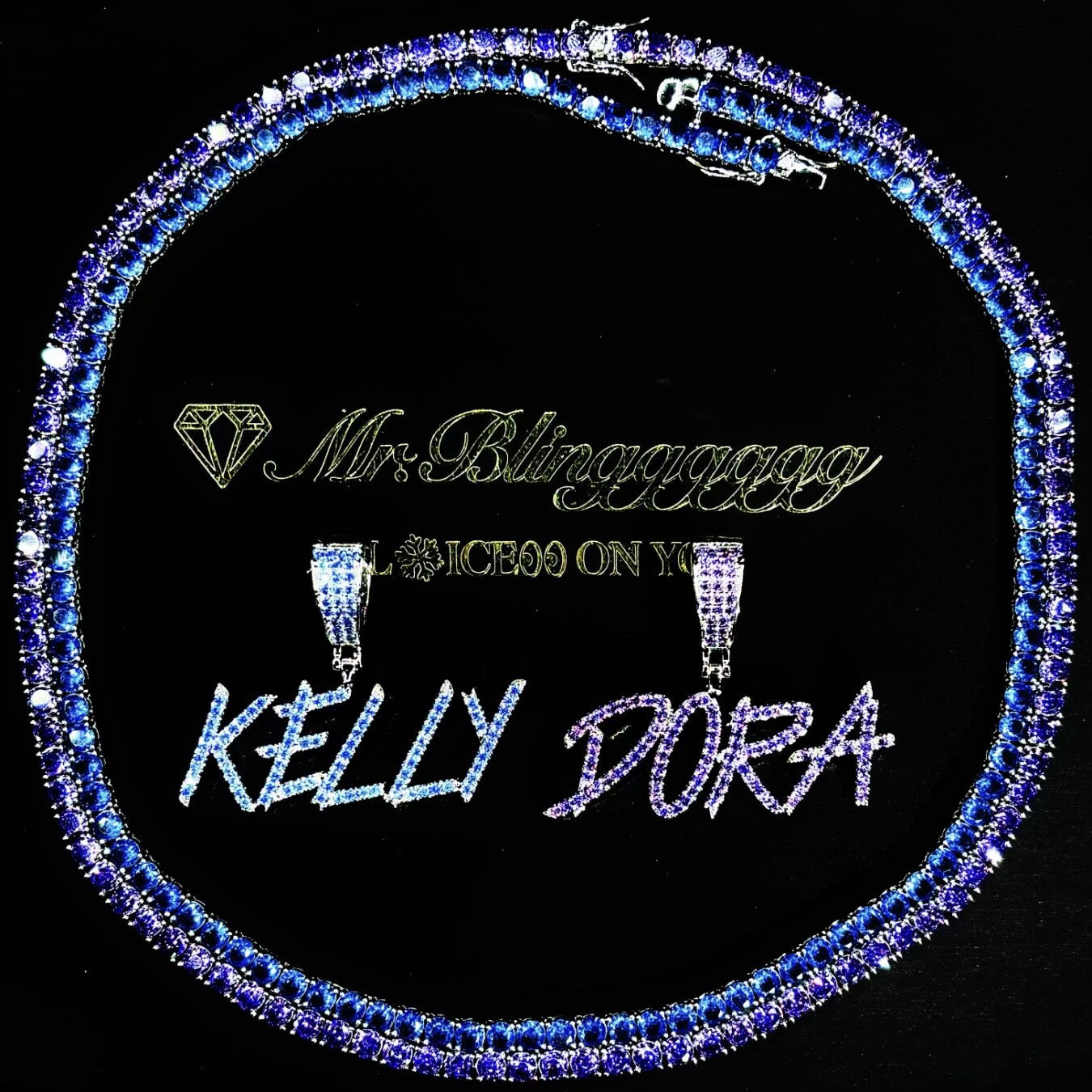 Mr.Blingggggg European and American hip-hop jewelry customized sea blue purple floral pendant with tennis necklace